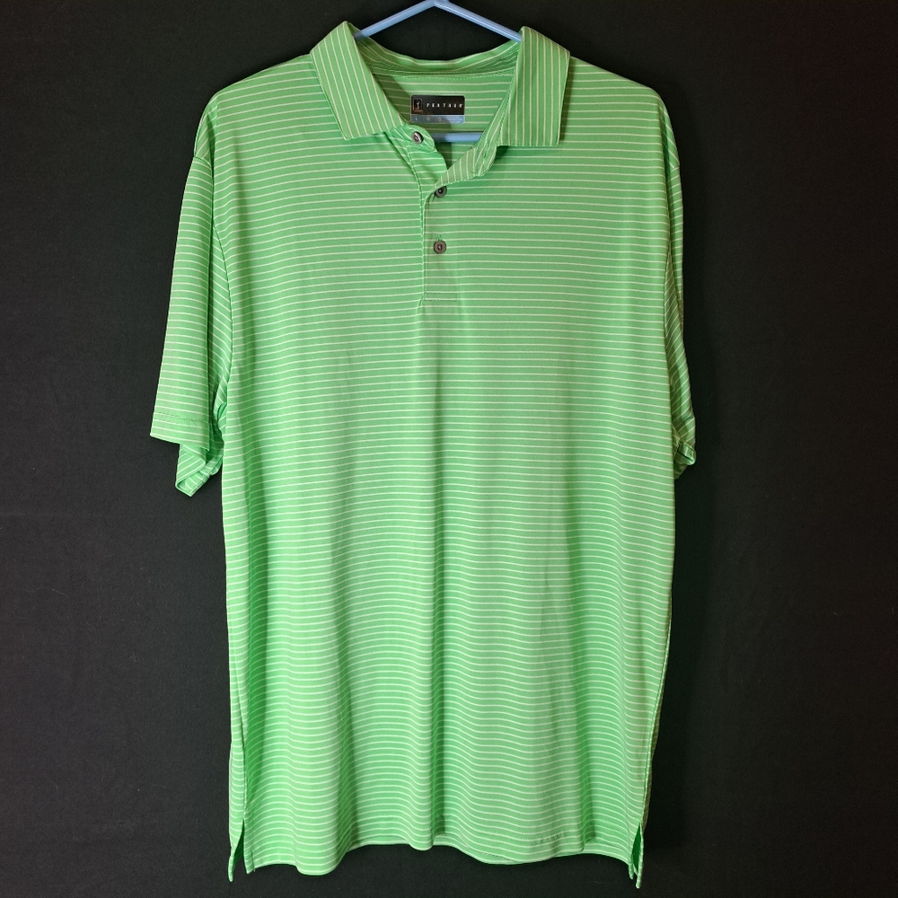 PGA Tour Shirt Mens Large Polo Green White Striped Golf Performance Casual‎